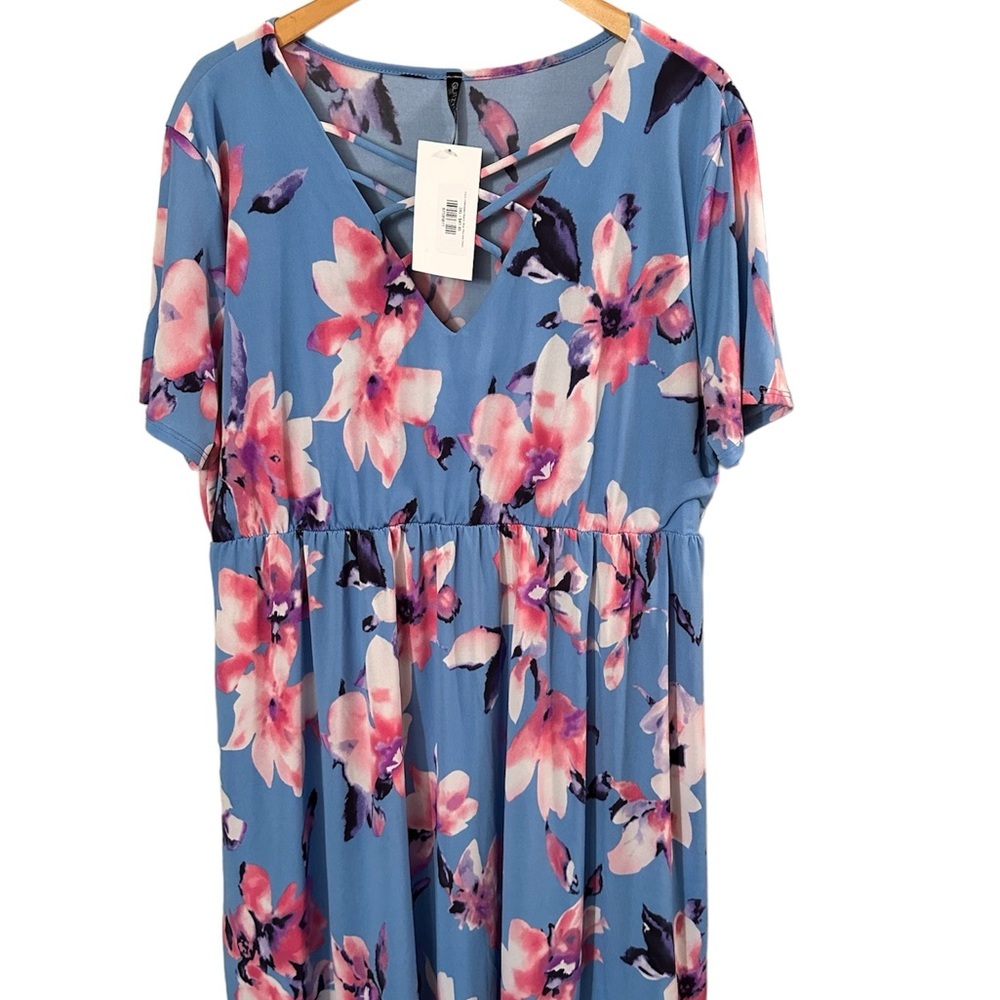 Glitzy Girlz Womens Blue Floral Short Sleeves Knee Length Dress 3XL